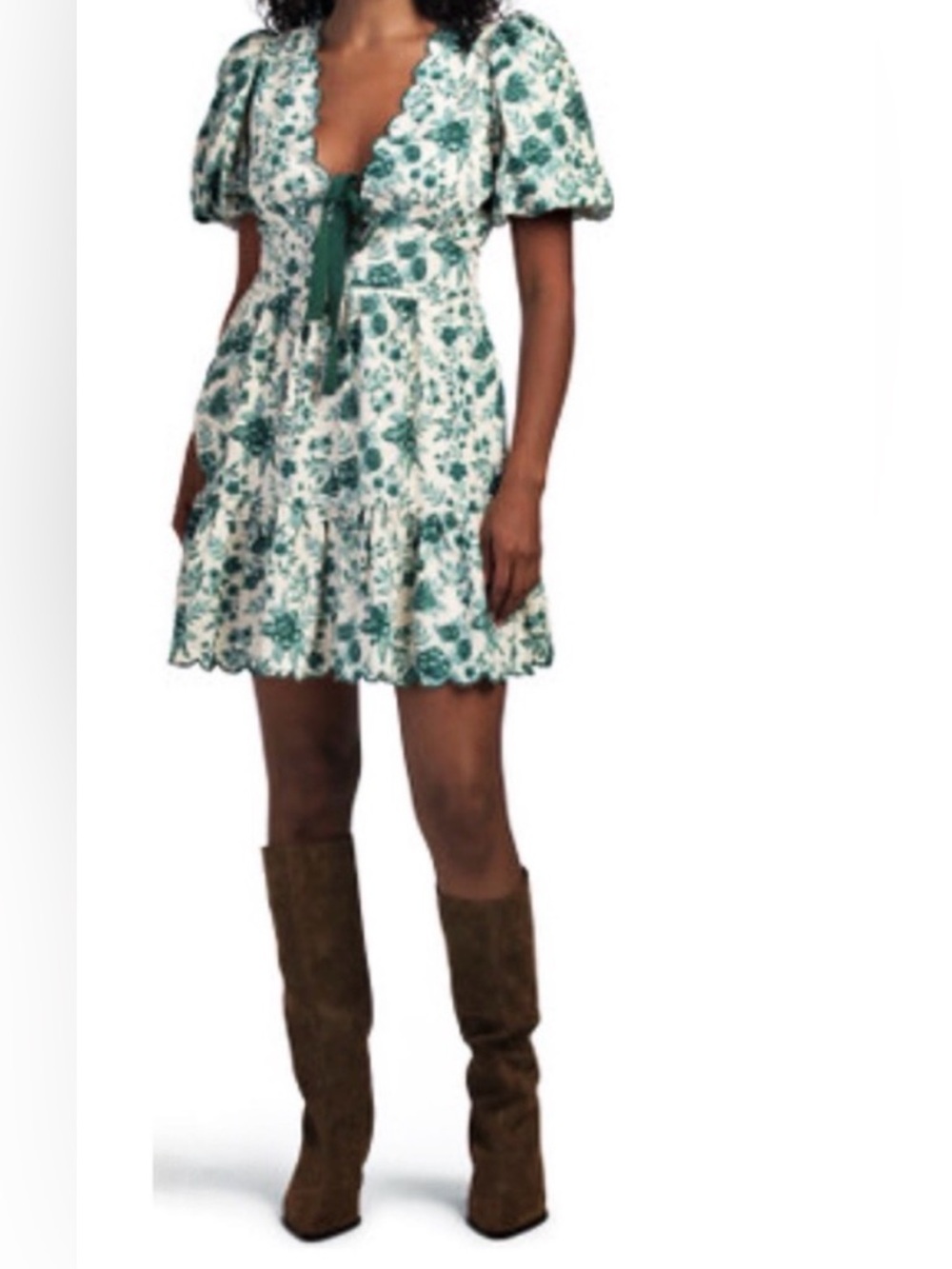 House Of Harlow Floral Scalloped Trim Tie Front Mini Dress Green Size 8 Like New